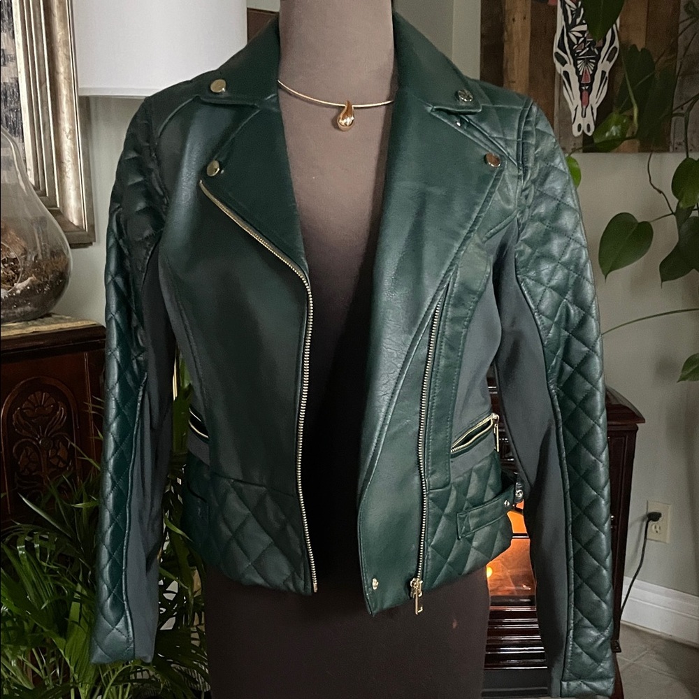 New York & Company Dark Green Quilted Faux Leather Jacket